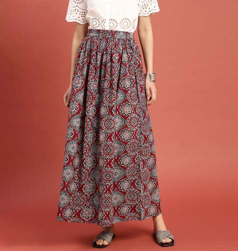 Maroon & Blue Ajrakh Hand Block Print Sustainable Maxi Pure Cotton Skirt with Gathered Detail